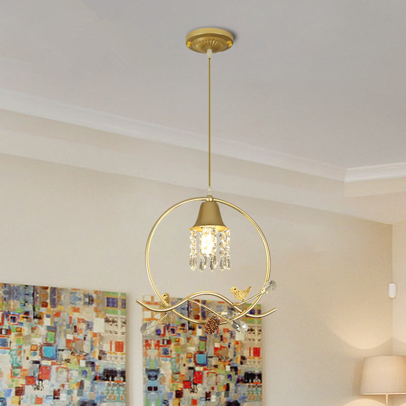 Modern Crystal Bird/Flower Sleep Room Suspension Light with Gold Hanging Lamp Kit - 1 Bulb