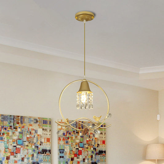 Modern Crystal Bird/Flower Sleep Room Suspension Light with Gold Hanging Lamp Kit - 1 Bulb