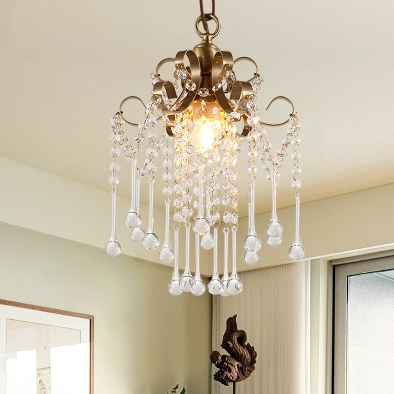 Modern Crystal Beads Pendant Ceiling Lamp - Gold Curved Design, 1 Bulb Suspension for Bedchamber Lighting