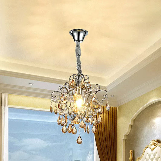Modern Silver Crystal Teardrop Swirling Arm Pendant Light for Dining Hall