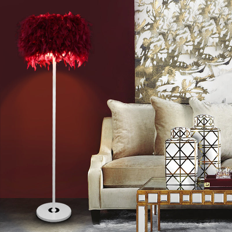 Modern 1-Light Feather Drum Shade Floor Lamp In Multi Colors For Living Room Red