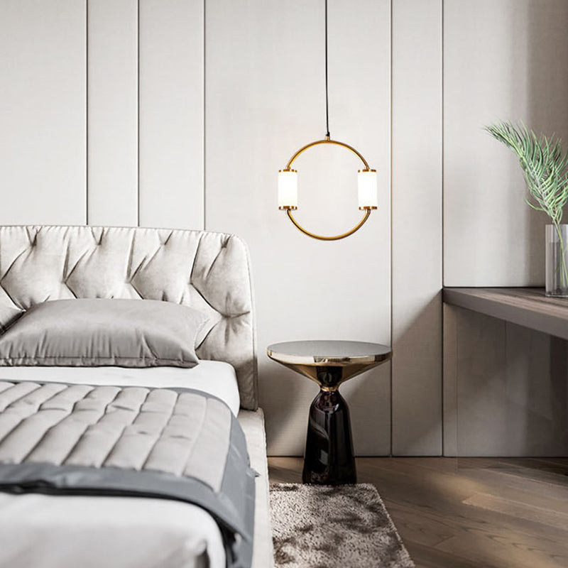 LED Hanging Pendant with White Glass Cylinder Shade and Brass Design – Simple Style