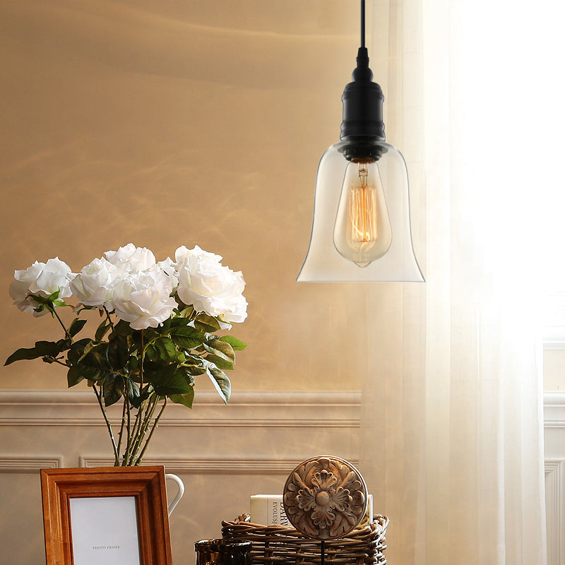 Luminaire suspendu industriel noir en forme de cloche avec abat-jour en verre transparent - Luminaire suspendu à une ampoule