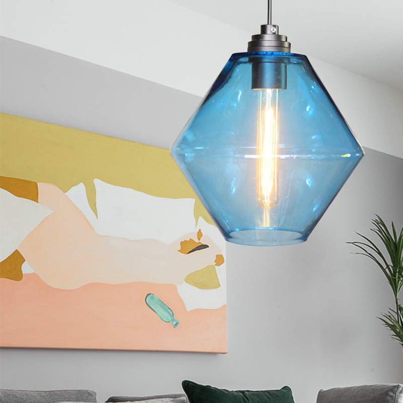 Vintage Black Ceiling Pendant Light with Diamond Shade and Colorful Glass - Single-Head Hanging Lamp