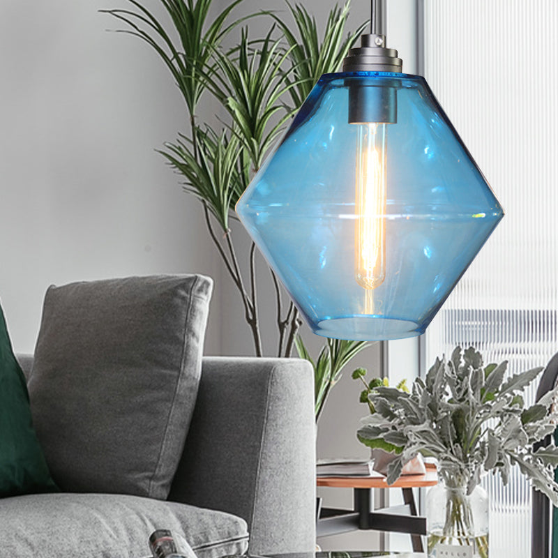 Vintage Black Diamond Shade Ceiling Pendant Light With Colored Glass Hangings