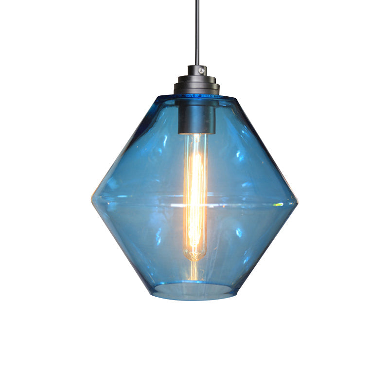 Vintage Black Diamond Shade Ceiling Pendant Light With Colored Glass Hangings