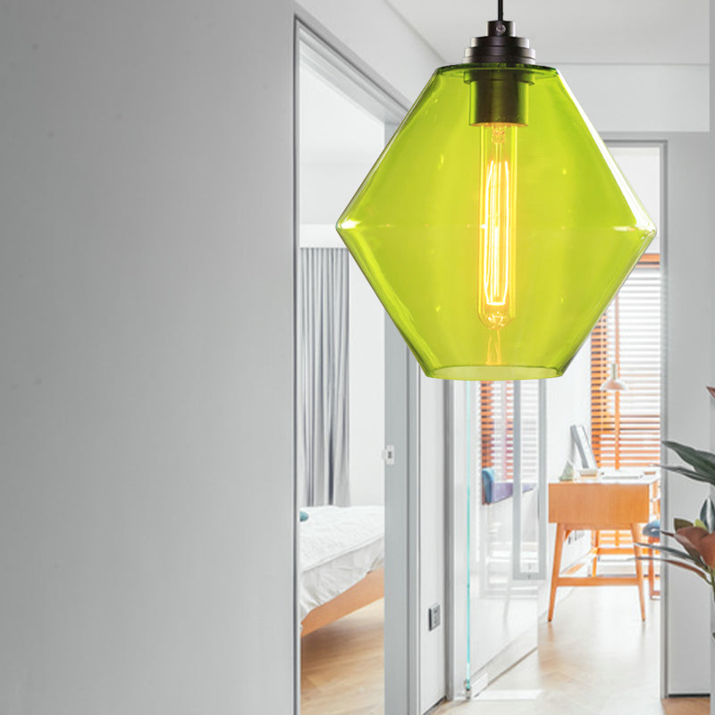 Vintage Black Diamond Shade Ceiling Pendant Light With Colored Glass Hangings Green