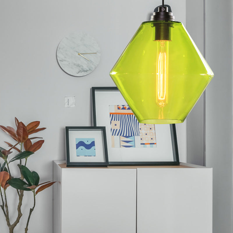 Vintage Black Diamond Shade Ceiling Pendant Light With Colored Glass Hangings