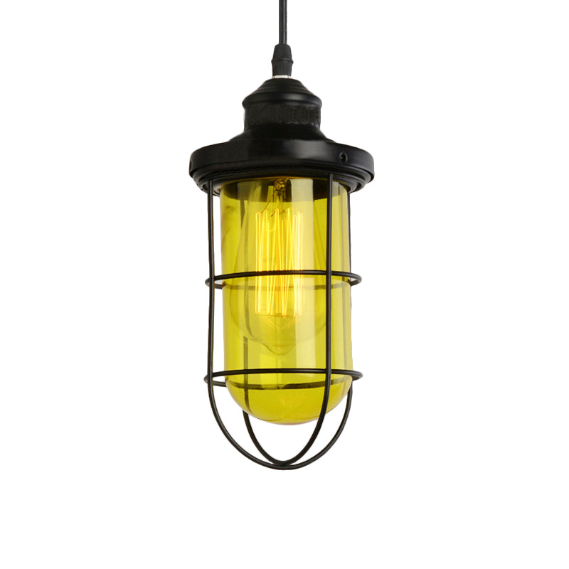 Suspension vintage en verre avec cage en noir - Plafonnier suspendu à une ampoule pour salon