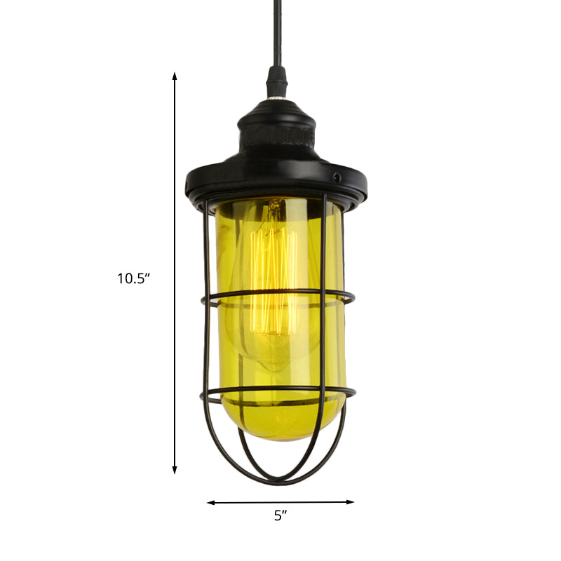 Suspension vintage en verre avec cage en noir - Plafonnier suspendu à une ampoule pour salon
