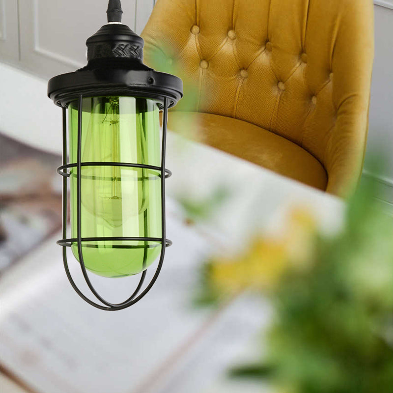 Suspension vintage en verre avec cage en noir - Plafonnier suspendu à une ampoule pour salon