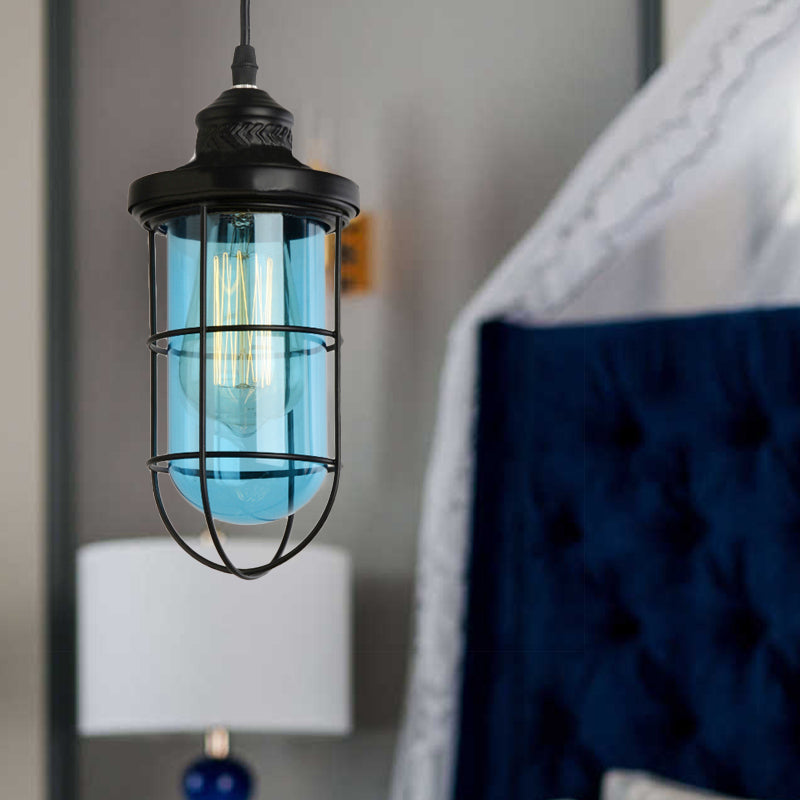 Suspension vintage en verre avec cage en noir - Plafonnier suspendu à une ampoule pour salon