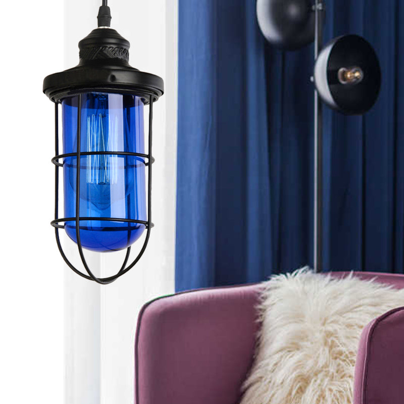 Suspension vintage en verre avec cage en noir - Plafonnier suspendu à une ampoule pour salon