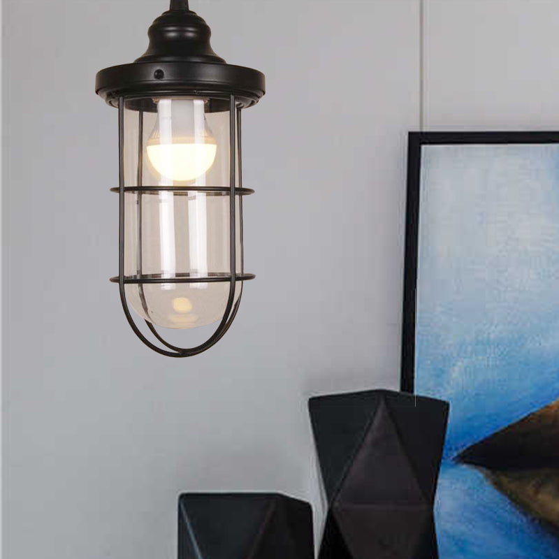 Vintage Black Single-Bulb Pendant Ceiling Light Fixture With Yellow/Green/Clear Glass Cage For