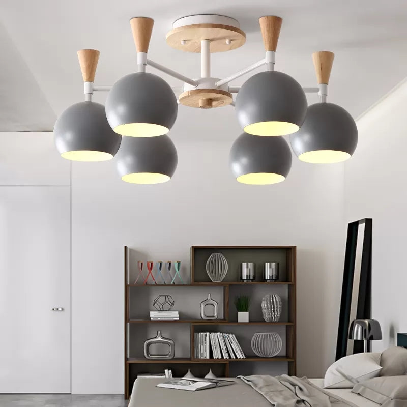 Nordic Style Wood and Metal Ceiling Light, 3-Light Semi Flush Mount with Orb Shade for Kids Bedroom