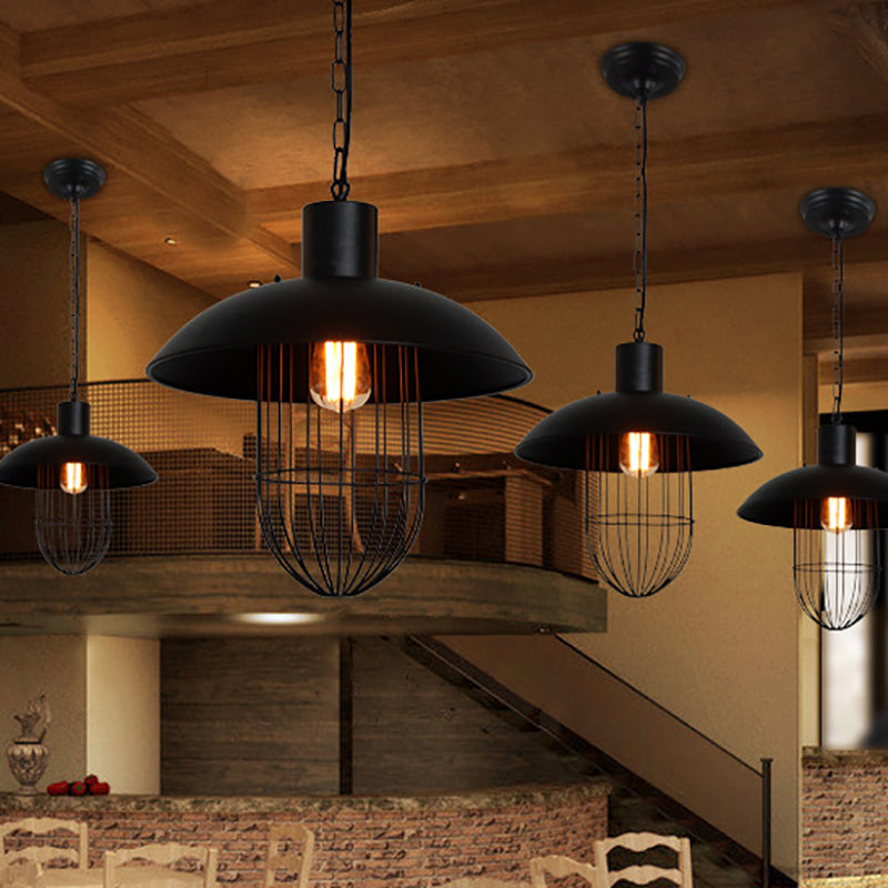 Black Dome Metal Suspension Light with Cage Shade - Nautical Farmhouse Pendant Lighting