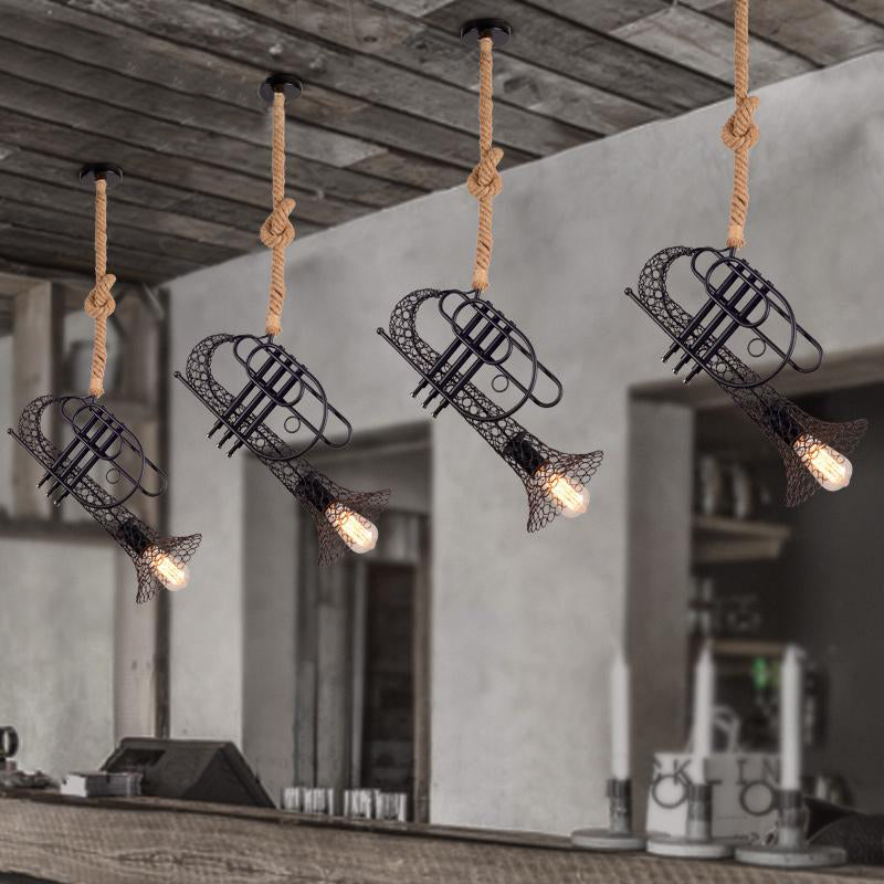 Black Metallic Trumpet Pendant Light with Mesh Shade - Rustic Retro Balcony Hanging Light