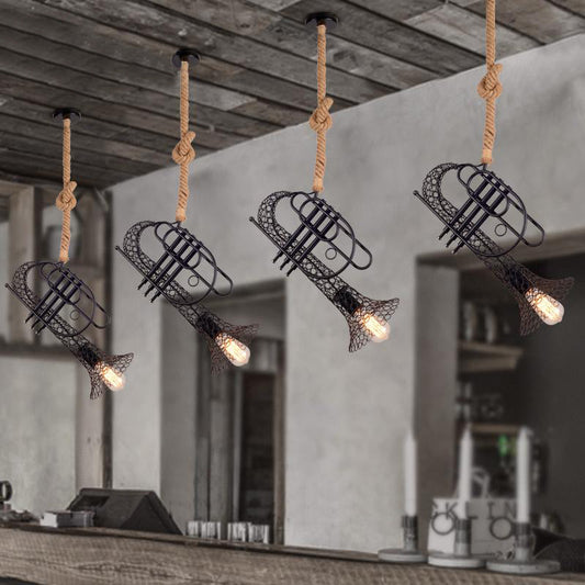 Black Metallic Trumpet Pendant Light with Mesh Shade - Rustic Retro Balcony Hanging Light