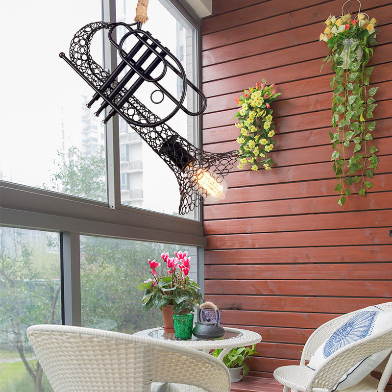 Metallic Trumpet Pendant Light - Mesh Shade Rope Rustic Retro Balcony Hanging (Black)
