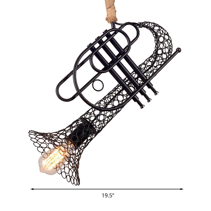 Metallic Trumpet Pendant Light - Mesh Shade Rope Rustic Retro Balcony Hanging (Black)