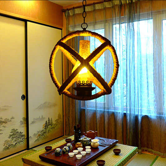 Yellow Rope Frame Pendant Light with Cracked Glass Shade - Lodge Style, Inner Illumination - Hotel Quality