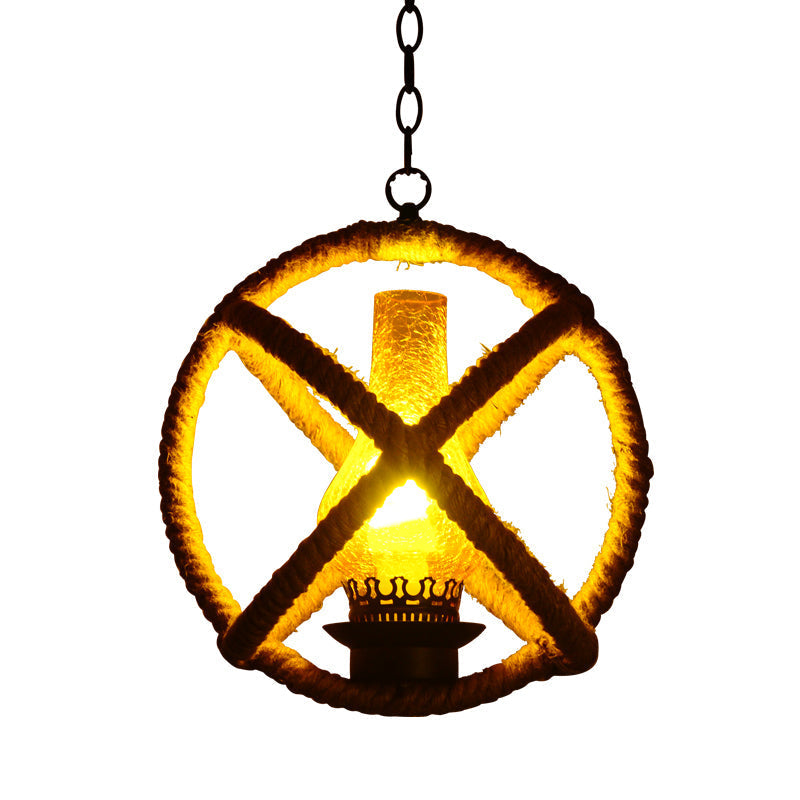 Yellow Cracked Glass Lodge Pendant Light With Rope Frame - Hotel Quality