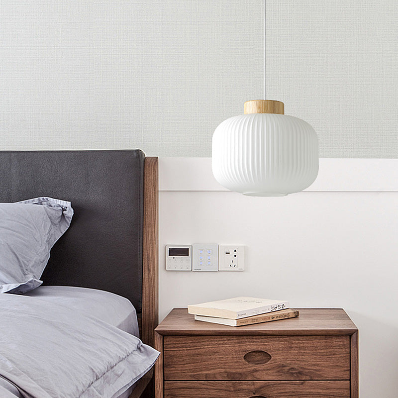 Modern Milk Glass Ribbed Cylinder Pendant Light - 5.5"/8"/12" - 1 Light White Ceiling Fixture for Restaurants