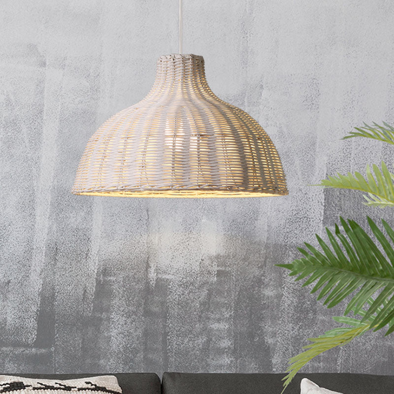 Rattan Beach House Pendant Light - 1 Half Circle Fixture With Adjustable Cord In White/Brown White