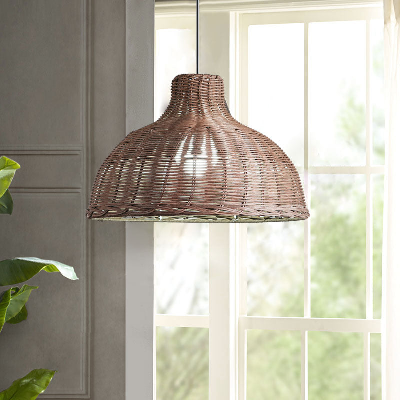 Rattan Beach House Pendant Light - 1 Half Circle Fixture With Adjustable Cord In White/Brown Brown