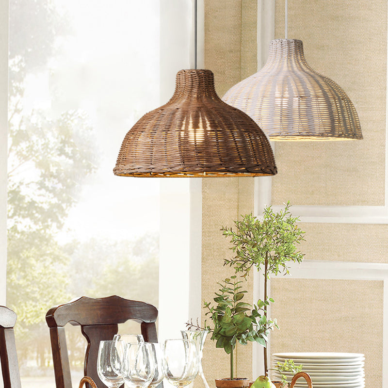 Rattan Beach House Pendant Light - 1 Half Circle Fixture With Adjustable Cord In White/Brown