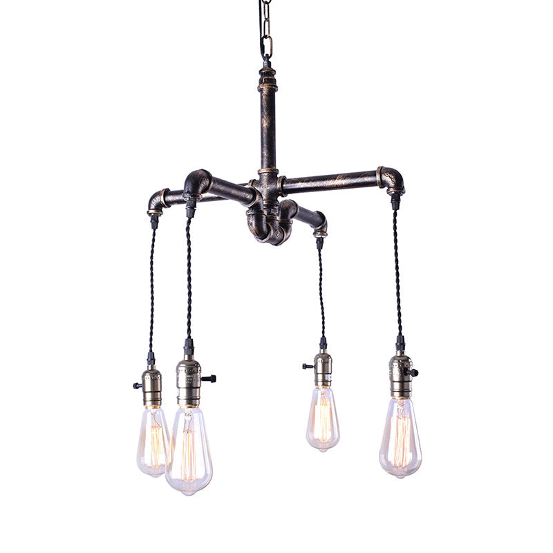 Plafonnier rustique en forme de tuyau d'eau avec 4 ampoules - Lustre en fer forgé bronze antique/noir