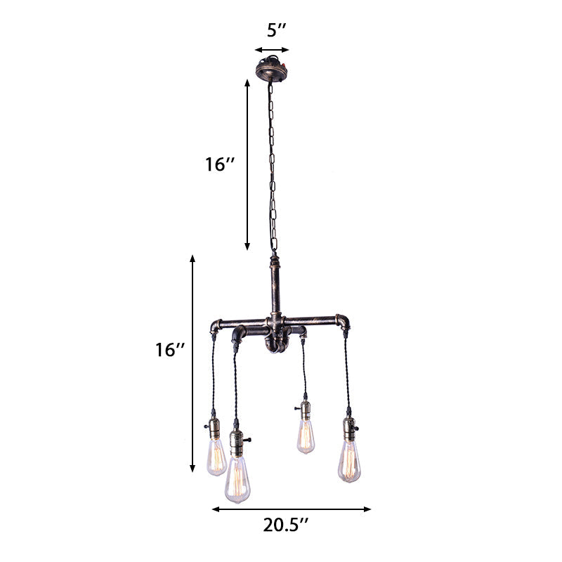 Plafonnier rustique en forme de tuyau d'eau avec 4 ampoules - Lustre en fer forgé bronze antique/noir