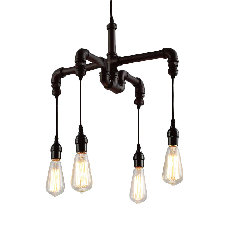 Plafonnier rustique en forme de tuyau d'eau avec 4 ampoules - Lustre en fer forgé bronze antique/noir