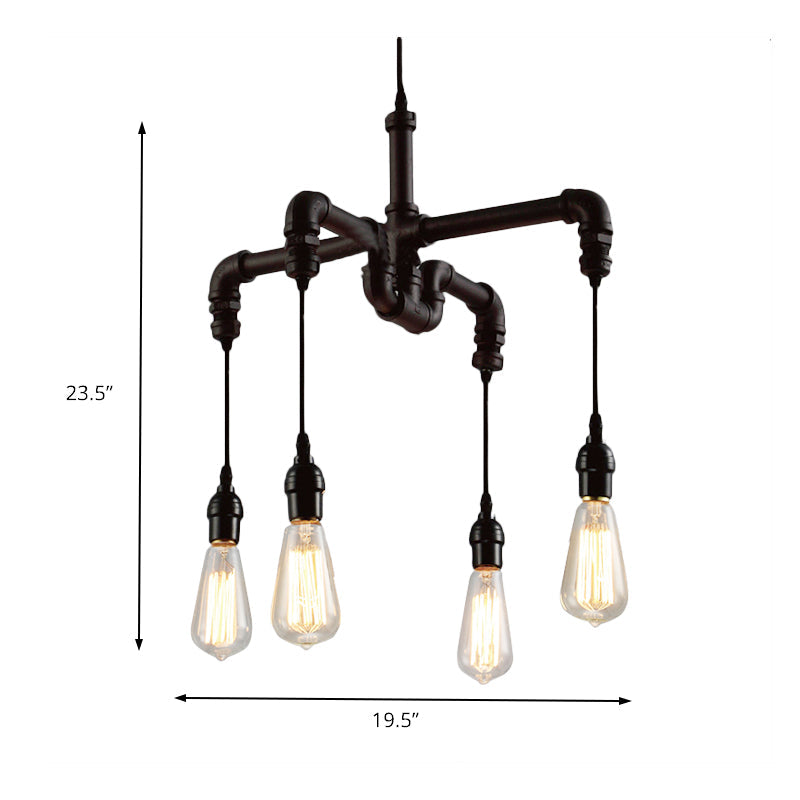 Plafonnier rustique en forme de tuyau d'eau avec 4 ampoules - Lustre en fer forgé bronze antique/noir