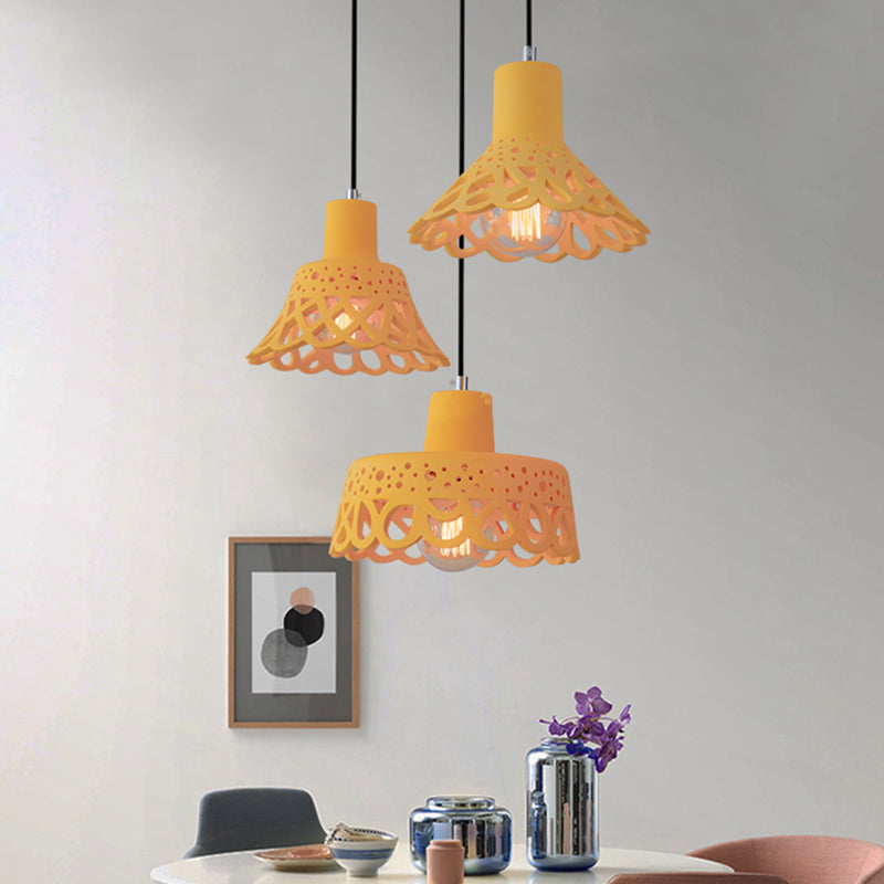 Nordic Style Etched Pendant Lighting: Concrete 1-Light Grey/White/Yellow with Geometric/Bell/Flared Shade