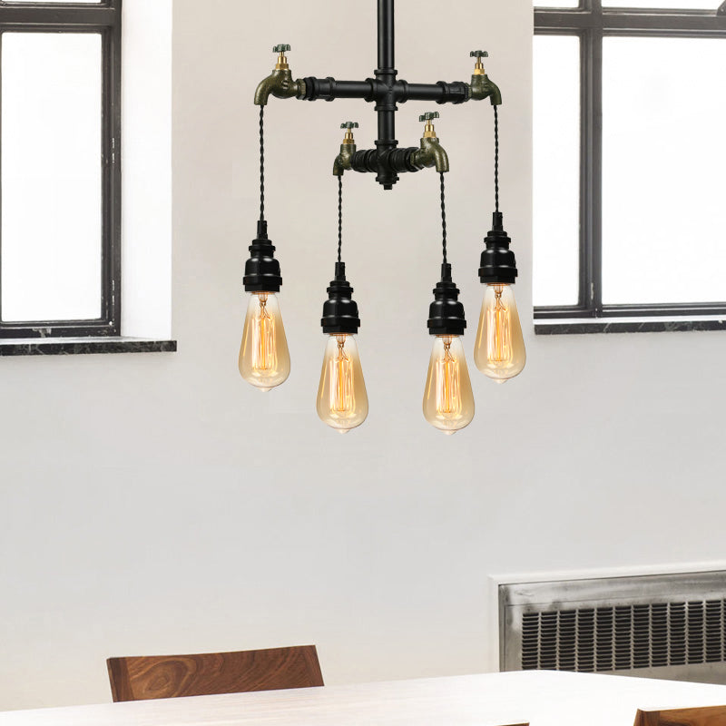 Lustre suspendu à 4 ampoules en métal de style ferme - Plafonnier d'intérieur en forme de tuyau avec robinet en noir