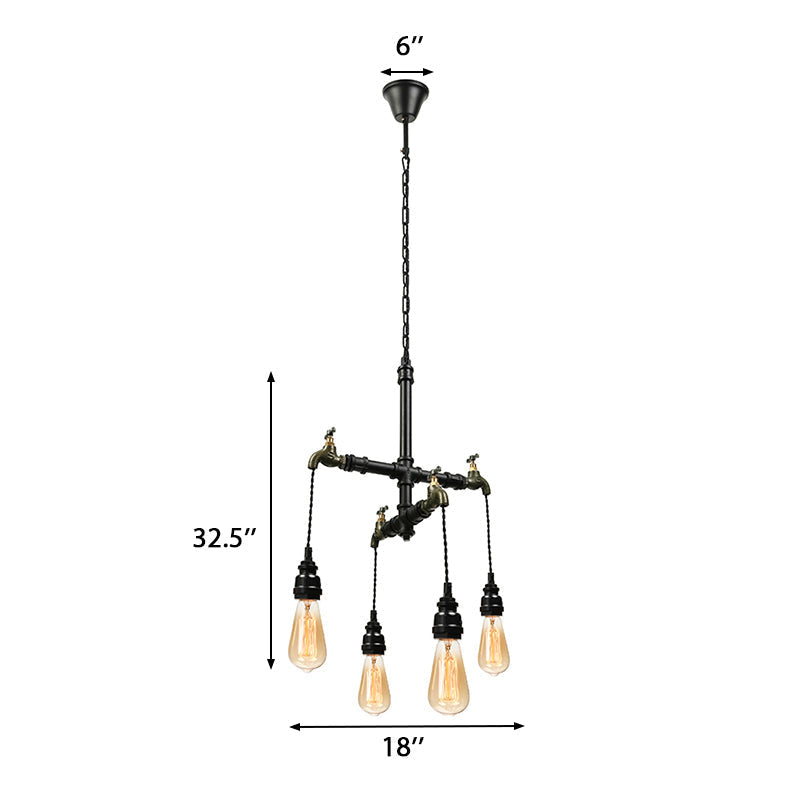 Lustre suspendu à 4 ampoules en métal de style ferme - Plafonnier d'intérieur en forme de tuyau avec robinet en noir