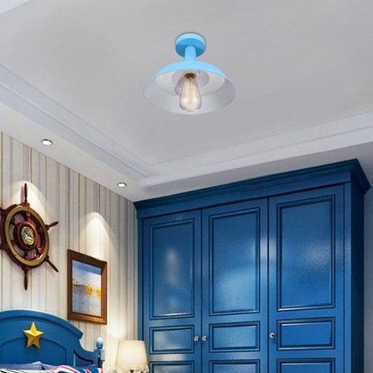 Vintage Barn Semi Flush Mount Ceiling Light in Blue/Green - 1 Light Metal Lighting for Corridor