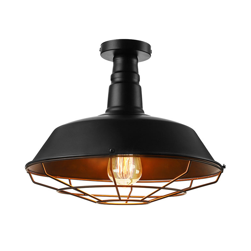 Black Vintage Metal Cage Ceiling Light, Semi Flush Mount, Indoor 1-Head Lighting with Barn Shade - 10"/14"/18" Width