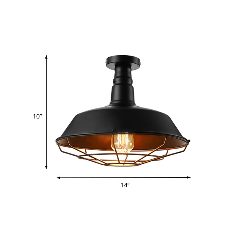 Black Vintage Metal Cage Ceiling Light, Semi Flush Mount, Indoor 1-Head Lighting with Barn Shade - 10"/14"/18" Width