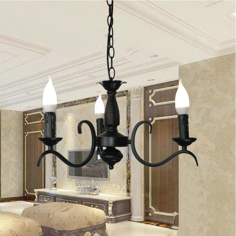 Lustre à bougie sans flamme à 3/5 têtes de style vintage - Lampe suspendue métallique noire pour salon