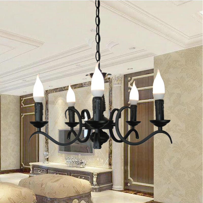 Lustre à bougie sans flamme à 3/5 têtes de style vintage - Lampe suspendue métallique noire pour salon