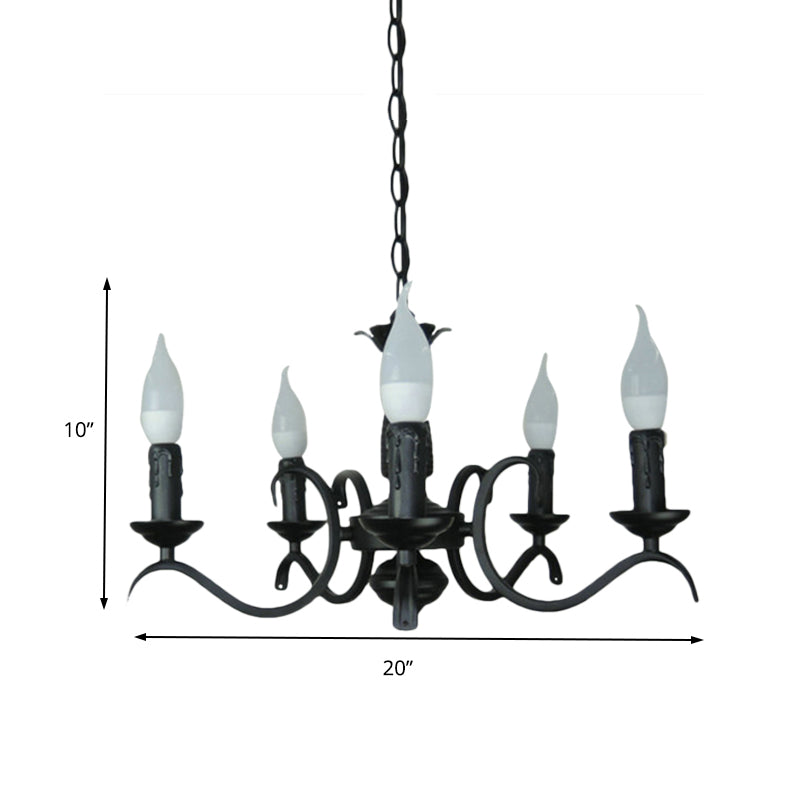 Lustre à bougie sans flamme à 3/5 têtes de style vintage - Lampe suspendue métallique noire pour salon