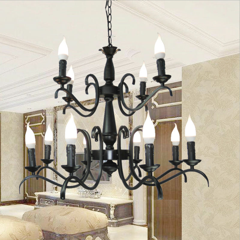 Lustre à bougie sans flamme à 3/5 têtes de style vintage - Lampe suspendue métallique noire pour salon