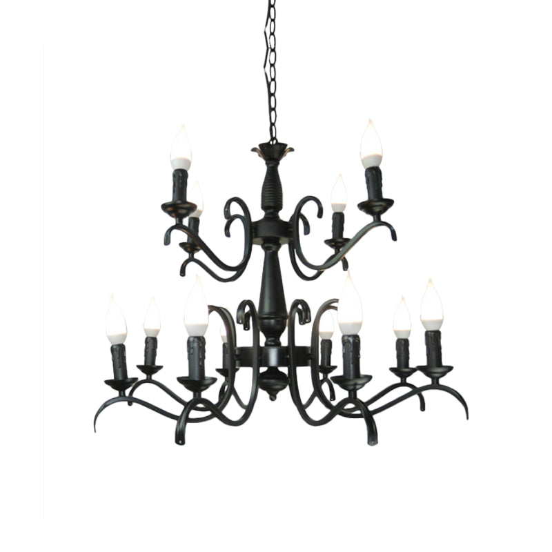 Lustre à bougie sans flamme à 3/5 têtes de style vintage - Lampe suspendue métallique noire pour salon