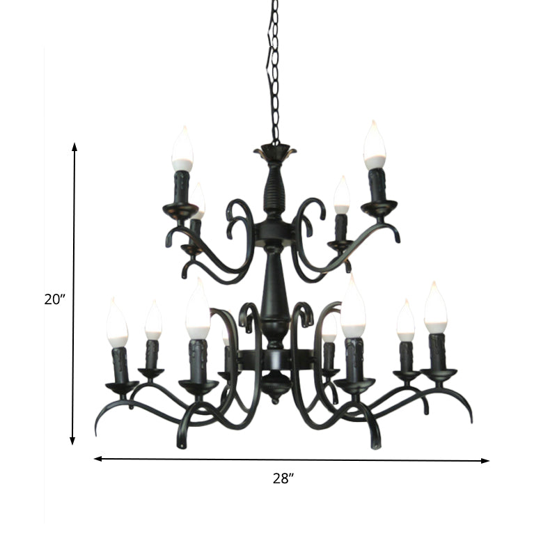 Lustre à bougie sans flamme à 3/5 têtes de style vintage - Lampe suspendue métallique noire pour salon