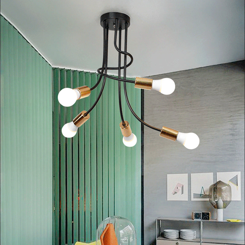 Vintage Bare Bulb Ceiling Light - Black/Gold Metallic Semi Flush with Curved Arm for Bedroom