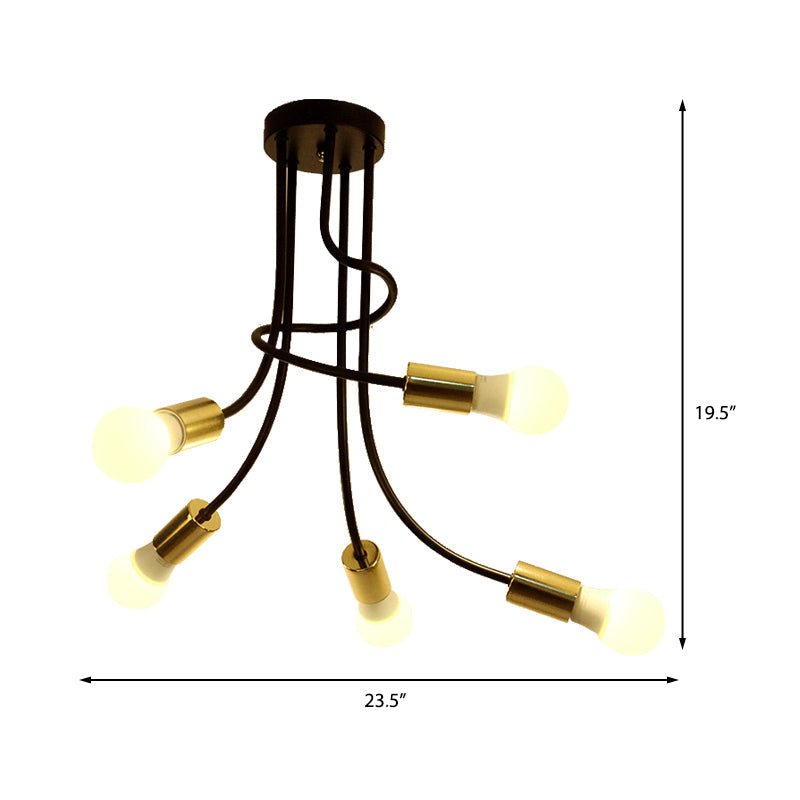 Vintage Bare Bulb Ceiling Light - Black/Gold Metallic Semi Flush with Curved Arm for Bedroom