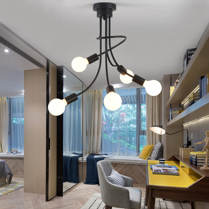 Vintage Bare Bulb Ceiling Light - Black/Gold Metallic Semi Flush with Curved Arm for Bedroom