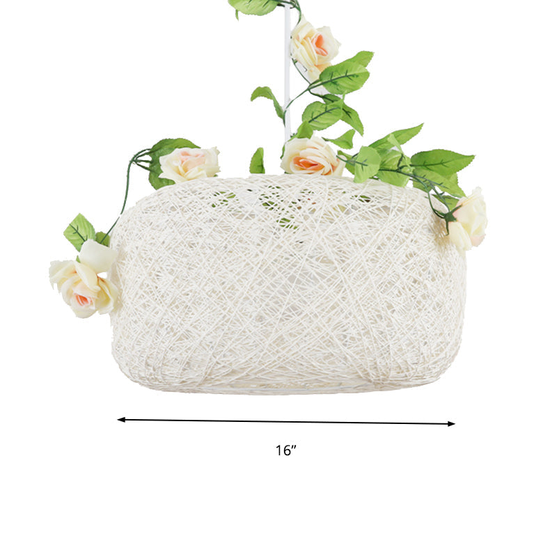 Rustic Bine Pendant Light: Single Light Drum/Scalloped Hanging Lamp in White